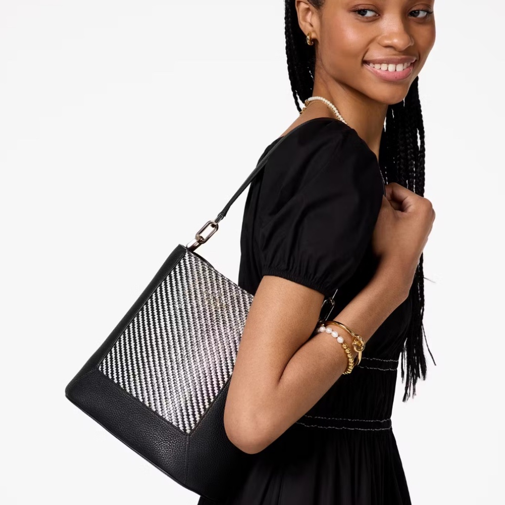 Kate Spade Knott Woven Leather Black and Cream Shoulder Bag - Picture 2 of 11